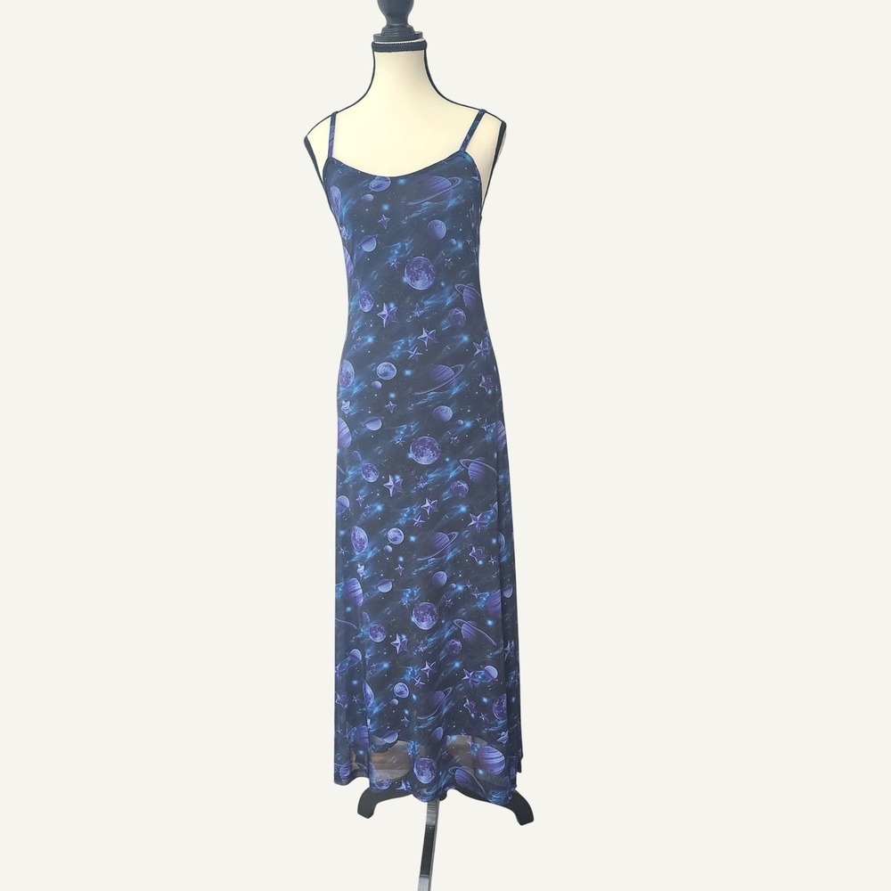 Cosmic Aura Womens Galaxy Space Print Maxi Dress Blue Purple Celestial XS
